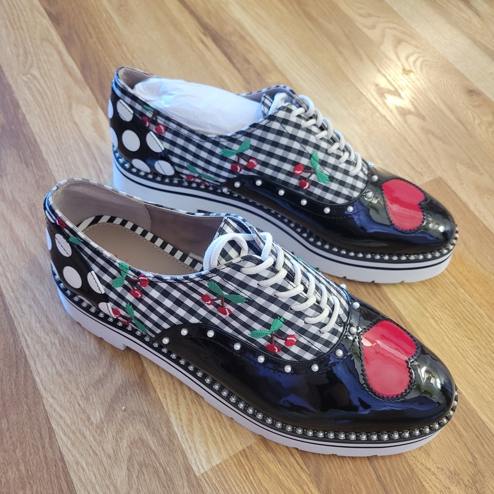 Betsey Johnson Abbott Oxford Platform Shoes Cherry Gingham 8.5 🍒